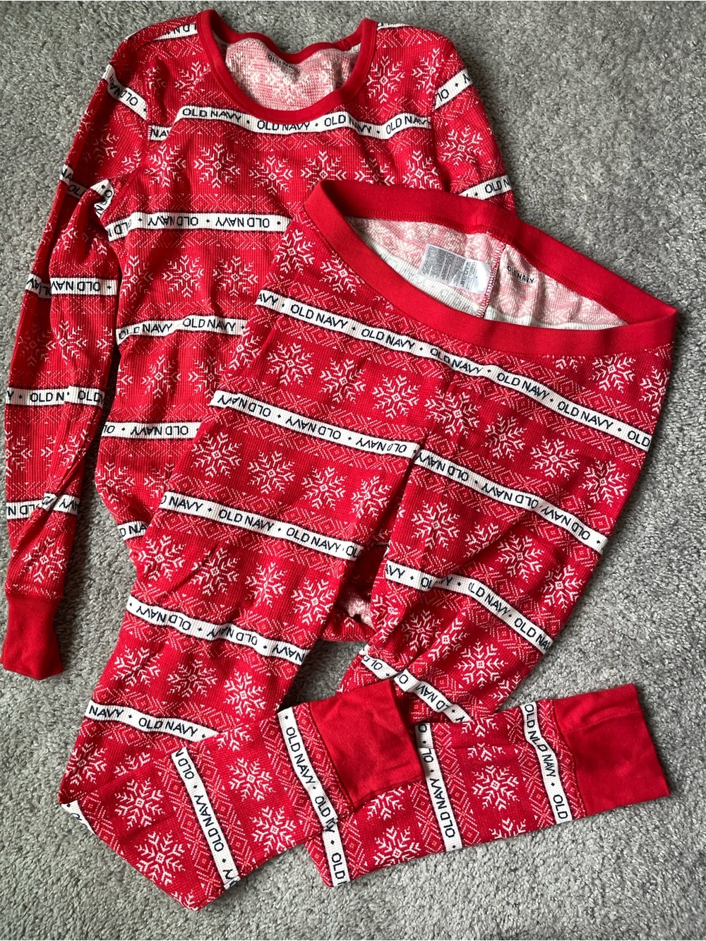 Old Navy Red Snowflake Print Maternity Pajama Set with Logo Stripes